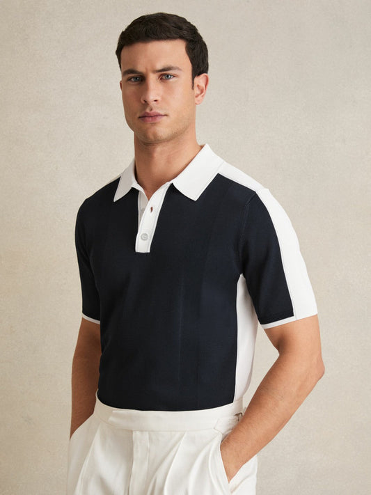 Colour-Block Knit Polo Shirt Navy/White | Men