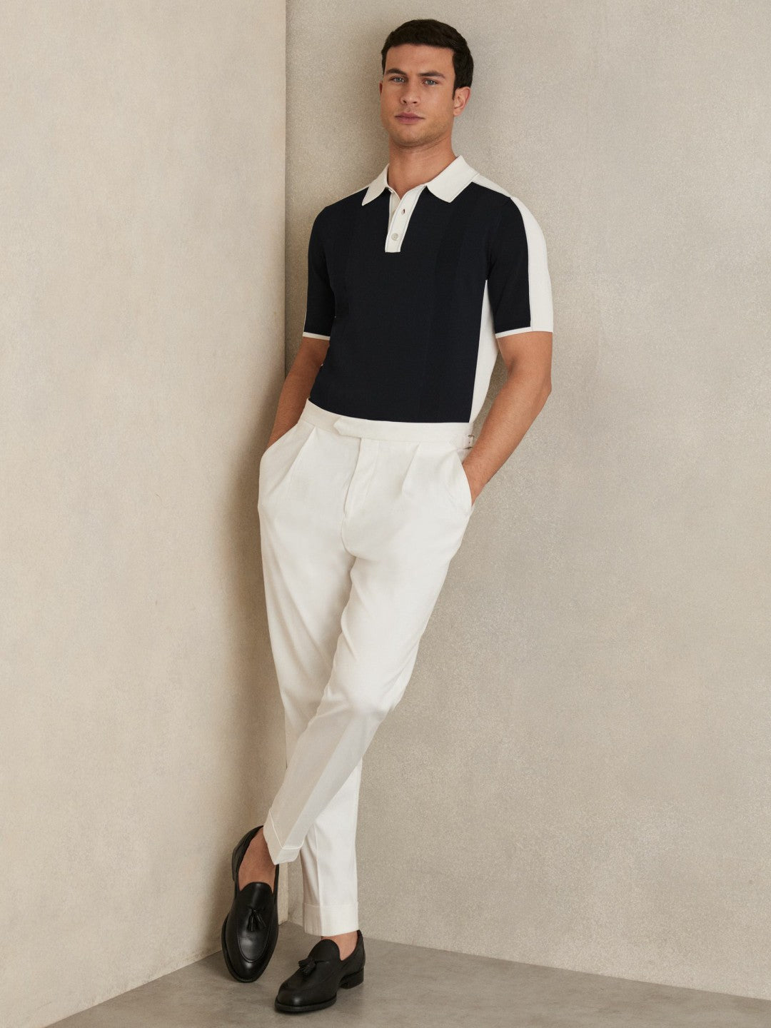 Colour-Block Knit Polo Shirt Navy/White | Men