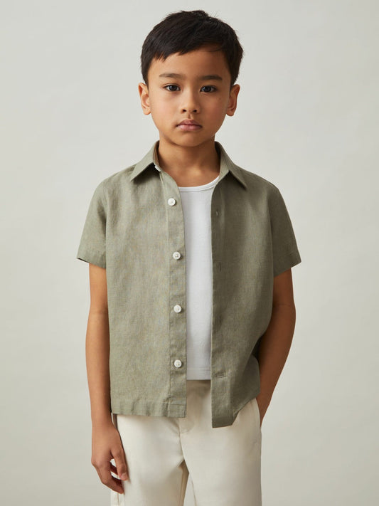 3-9 yrs Short Sleeve Linen Shirt Thyme Green | Children & Baby