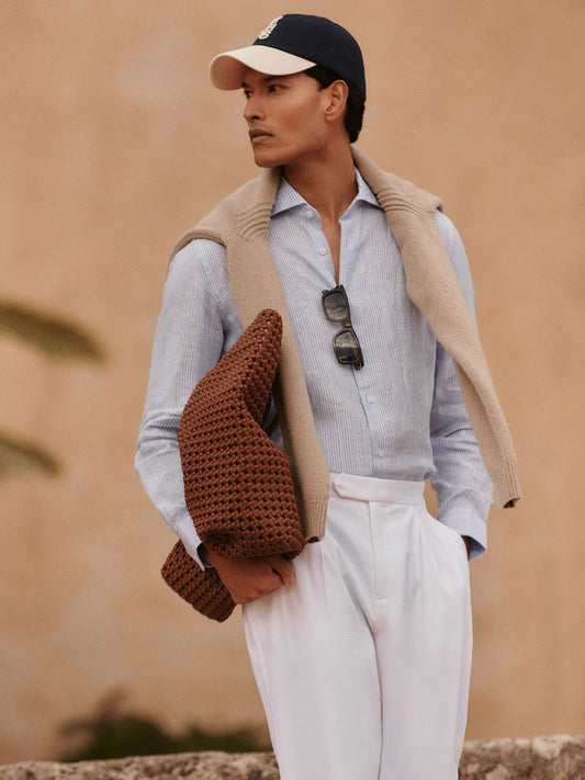 Linen Striped Long Sleeve Shirt Soft Blue/White Fine Stripe | Men