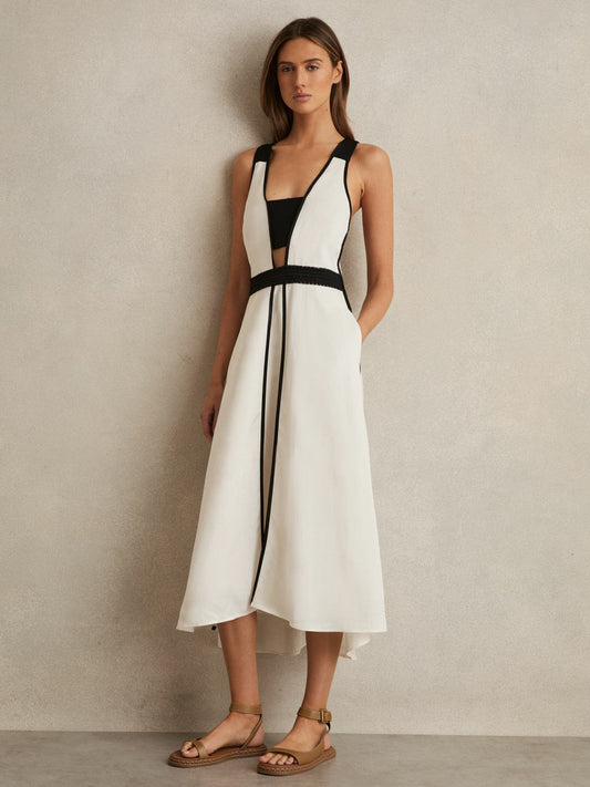 Contrast Trim Flared Midi Dress With Linen Ivory/Black | Women