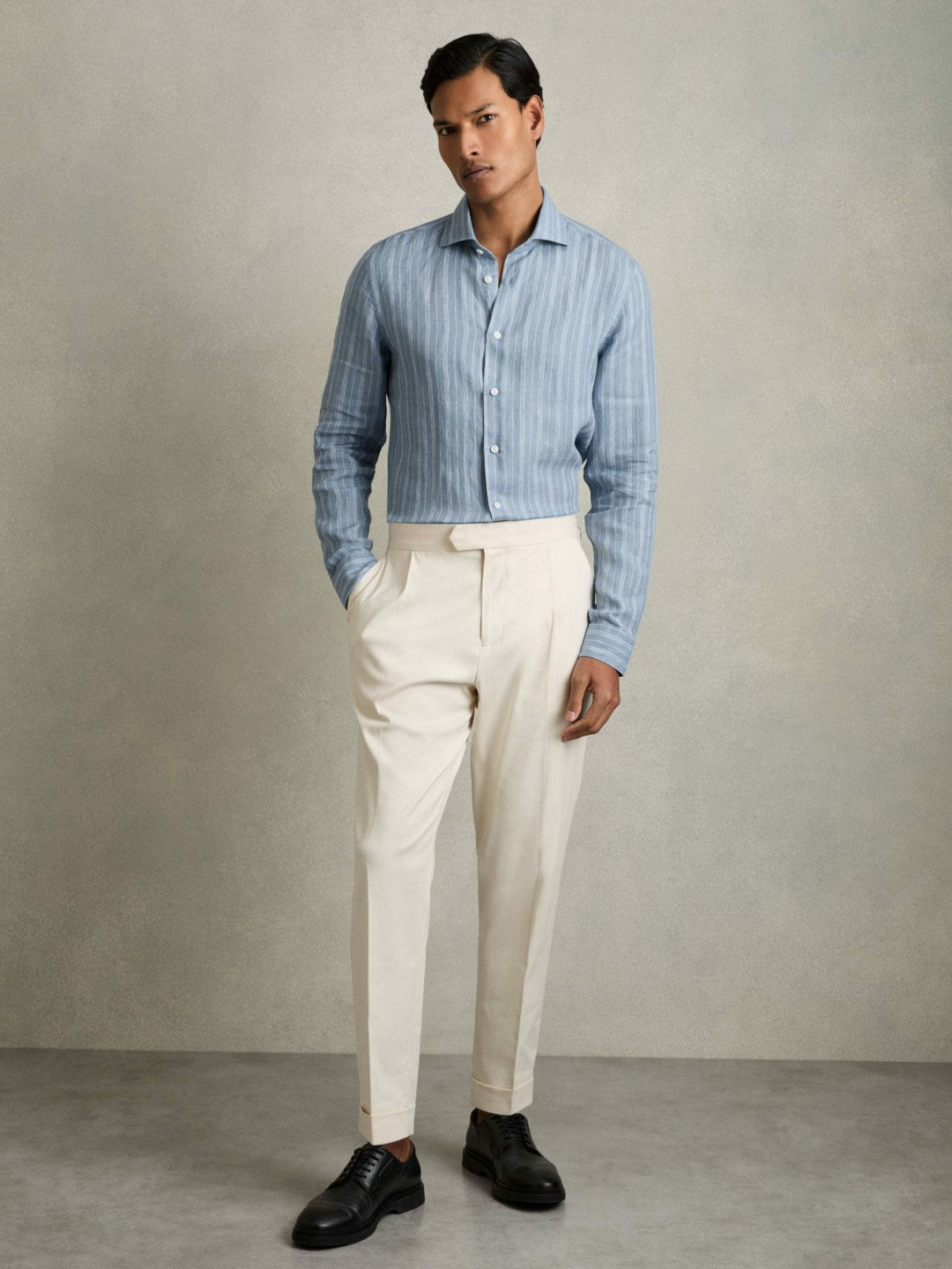 Linen Striped Long Sleeve Shirt Airforce Blue/White Bengal Stripe | Men
