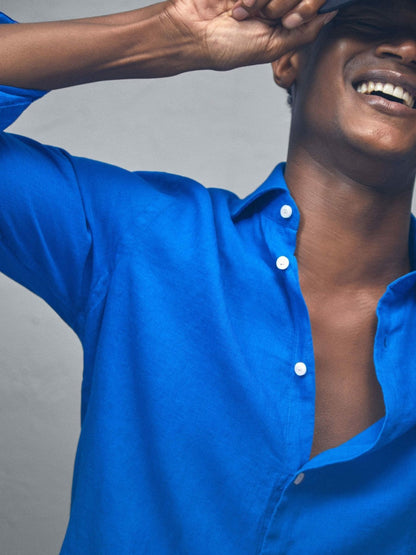 Linen Button-Through Shirt Bright Blue | Men