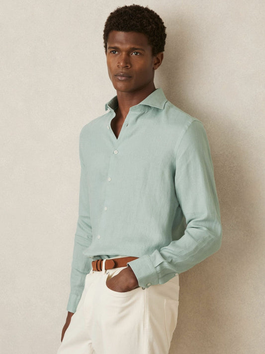 Linen Button-Through Shirt Ocean Green | Men