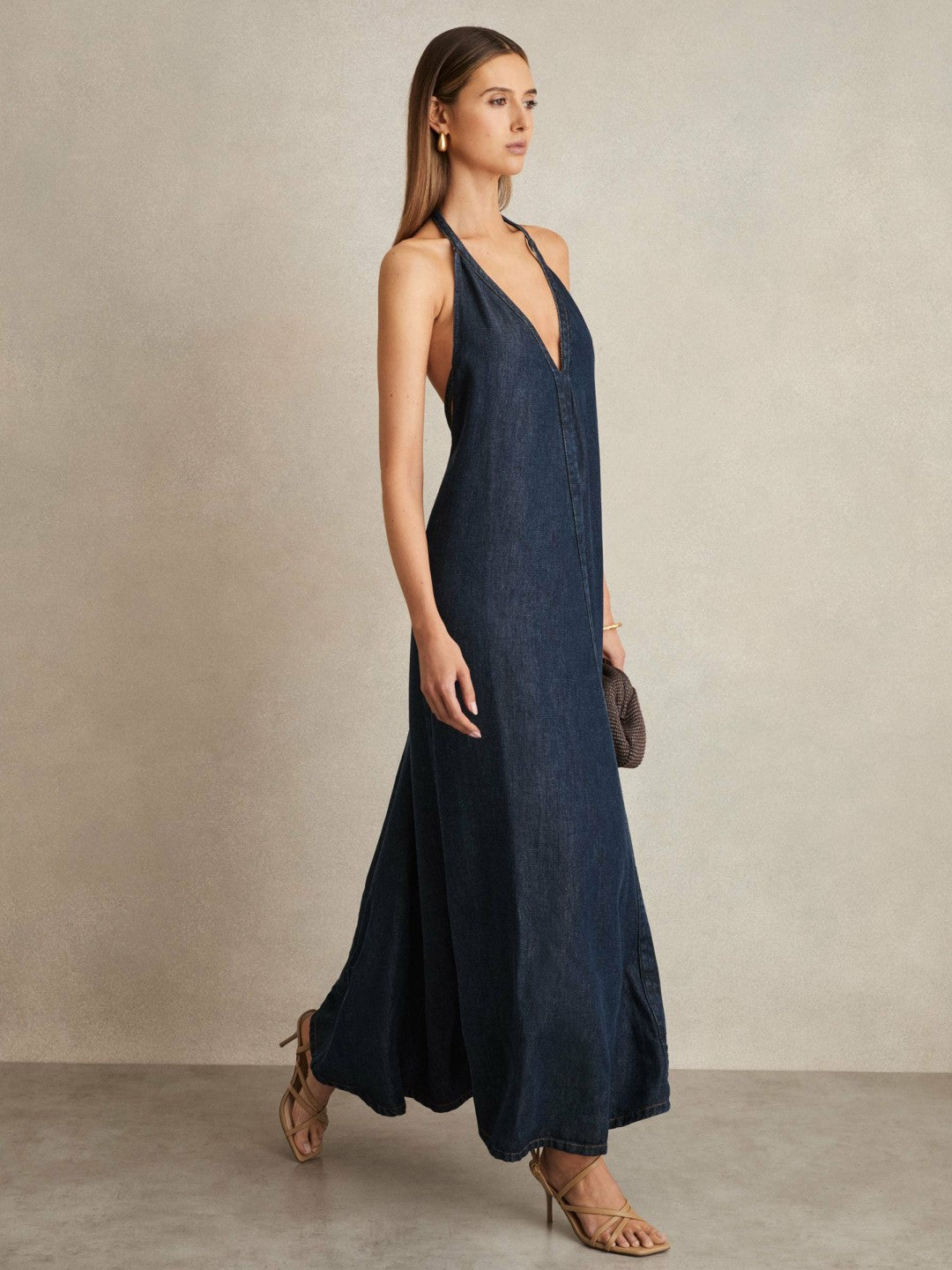 Denim Halterneck Maxi Dress Indigo | Women