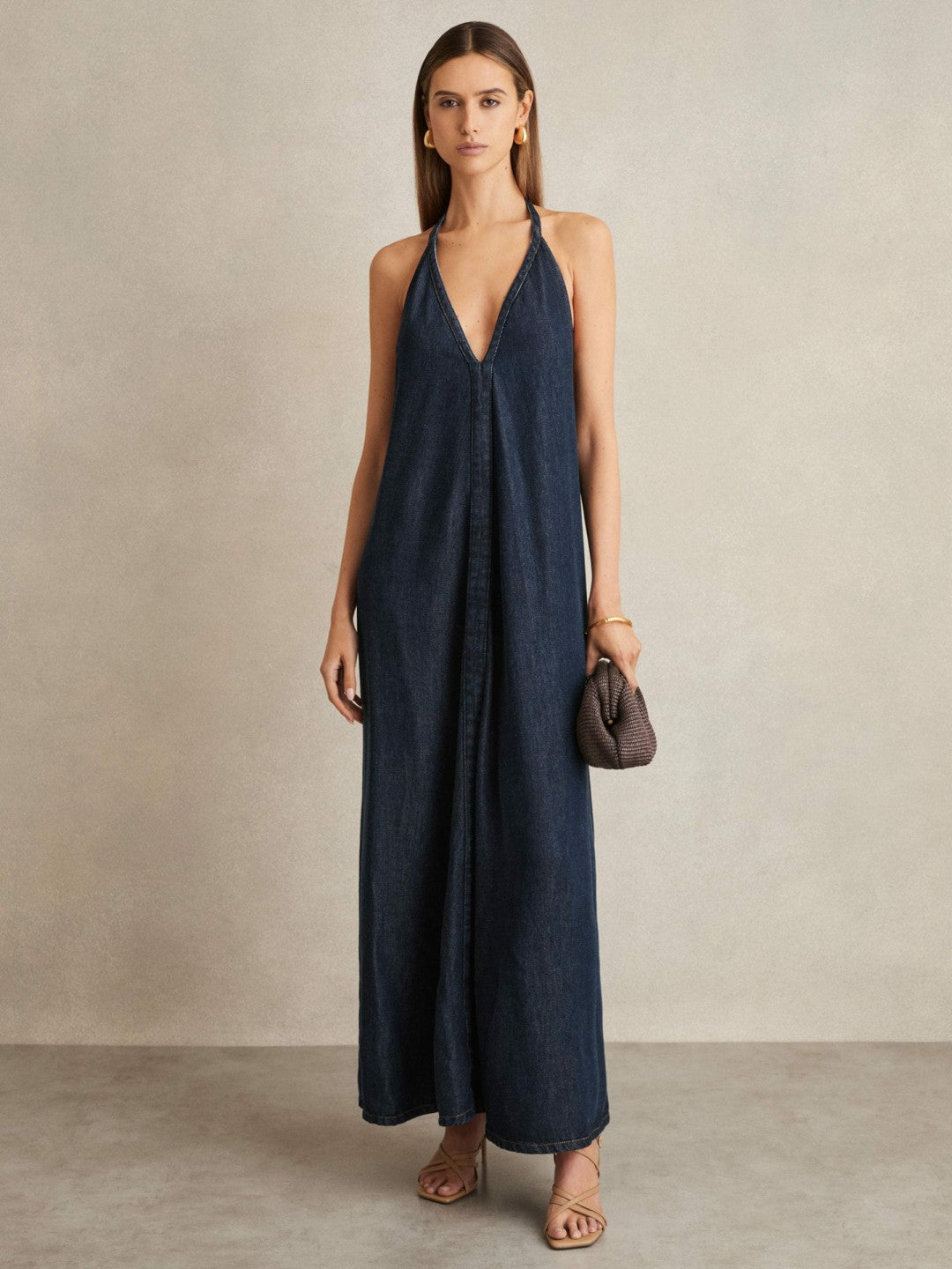 Denim Halterneck Maxi Dress Indigo | Women