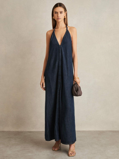 Denim Halterneck Maxi Dress Indigo | Women