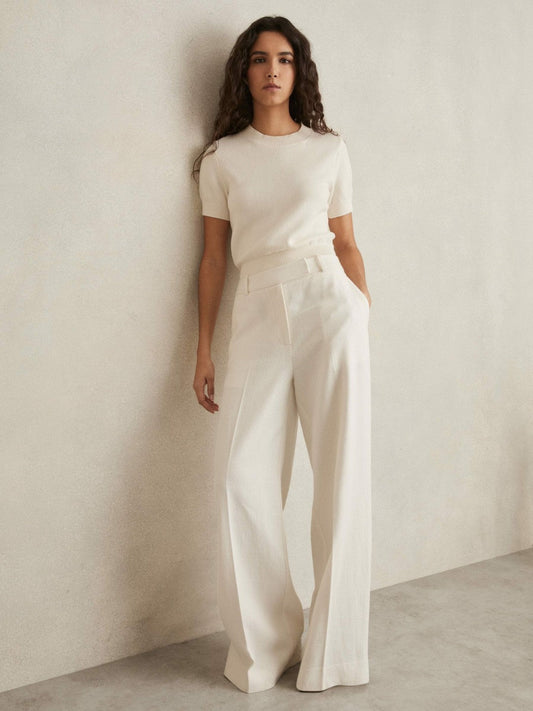 Petite Linen-Blend Wide-Leg Trousers White | Women