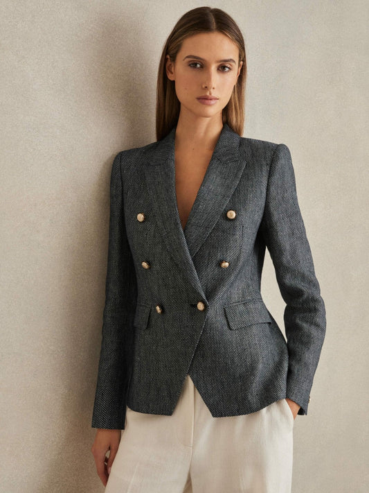 Linen-Cotton Double-Breasted Blazer Navy | Women