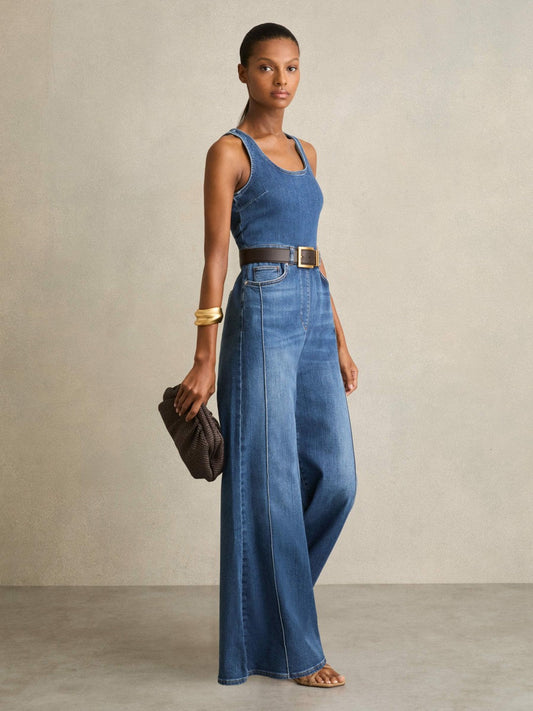 Wide-Leg Racer-Back Denim Jumpsuit Indigo | Women