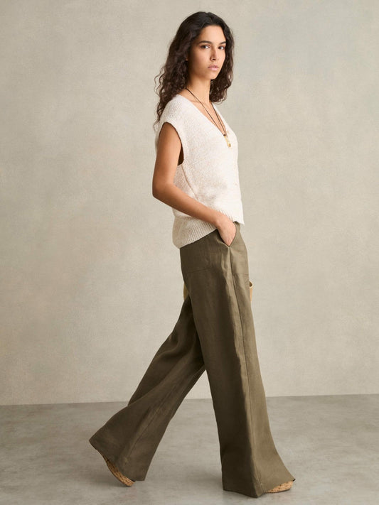 Petite Linen Wide Leg Trousers Khaki | Women