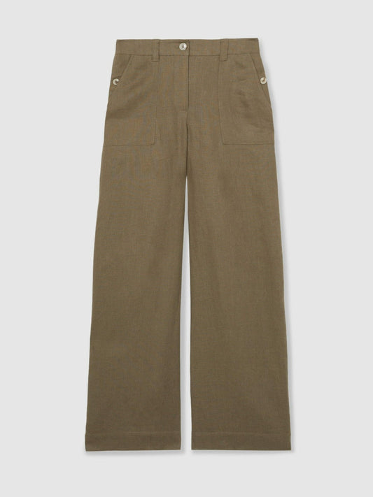 Petite Linen Wide Leg Trousers Khaki | Women