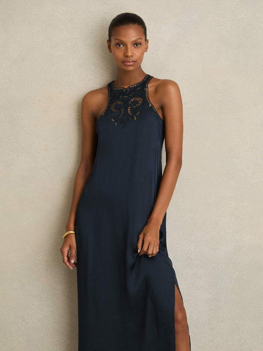 Satin Cut-Out Slip Dress Navy | Women