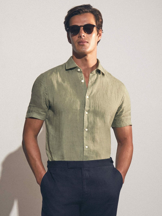 Slim Fit Linen Button-Through Shirt Thyme Green | Men