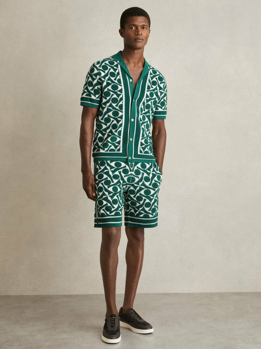 Abstract-Pattern Towelling Shorts Green/White | Men