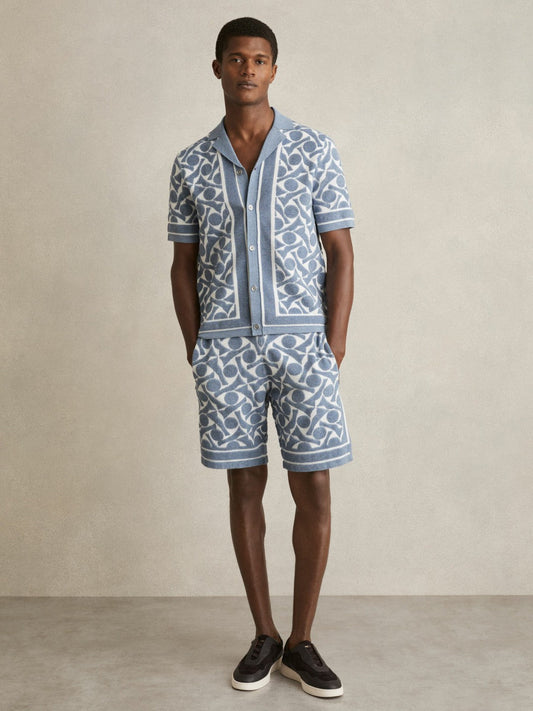 Abstract-Pattern Towelling Shorts Soft Blue/White | Men
