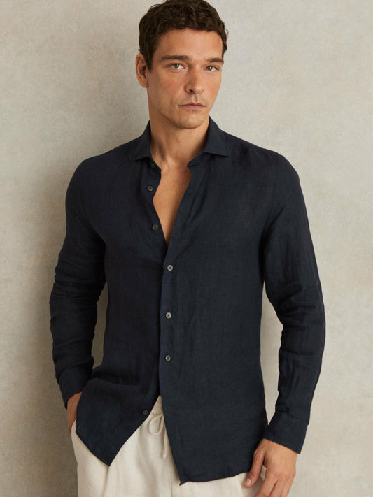 Linen Button-Through Shirt Navy | Men
