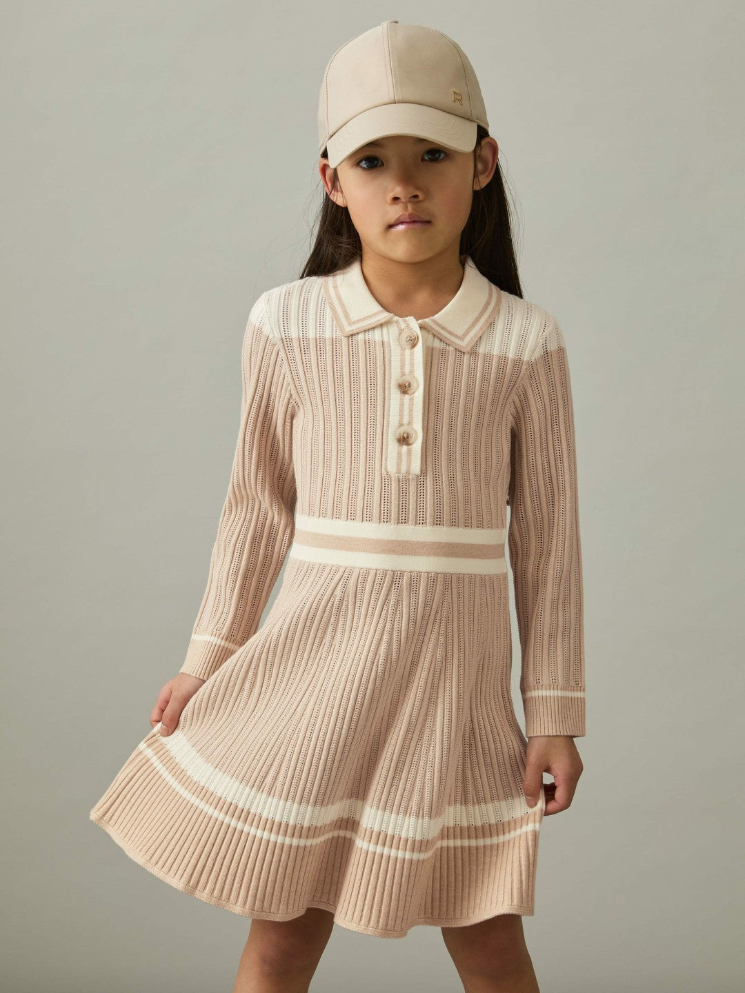 9-13 yrs Rib-Knit Pointelle Flared Dress Pale Pink | Children & Baby