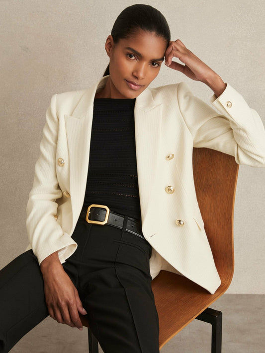 Petite Tailored Fit Textured Double Breasted Blazer White | Women