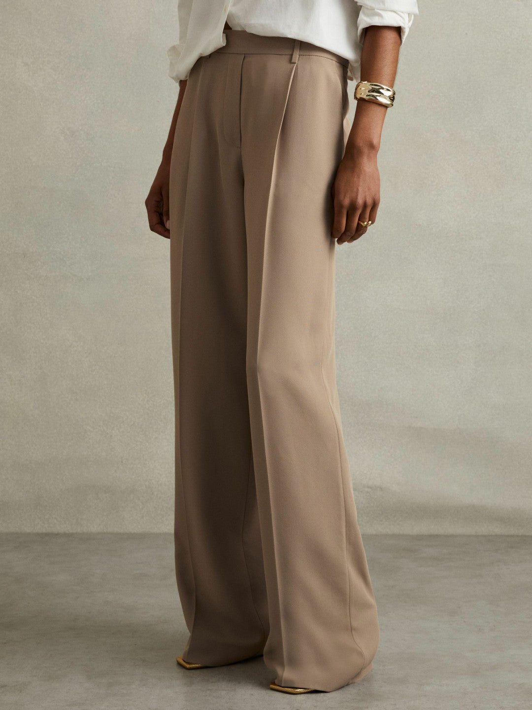 Petite Elasticated-Waist Wide-Leg Twill Trousers Mink Neutral | Women