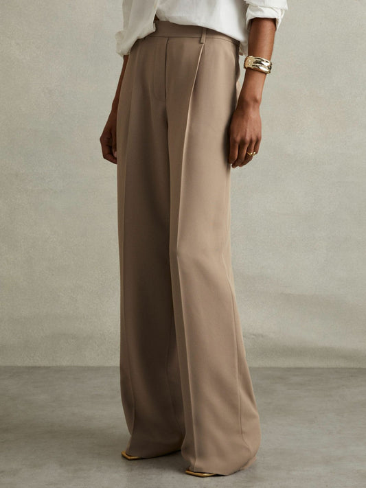 Petite Elasticated-Waist Wide-Leg Twill Trousers Mink Neutral | Women