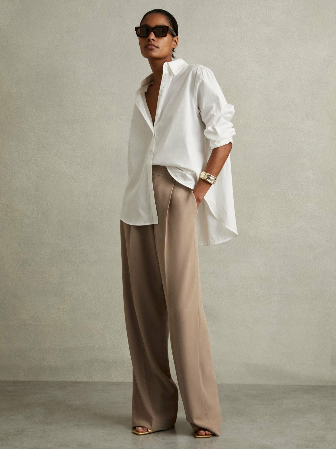Petite Elasticated-Waist Wide-Leg Twill Trousers Mink Neutral | Women