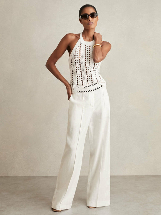 Linen Wide-Leg Whipstitch Trousers White | Women