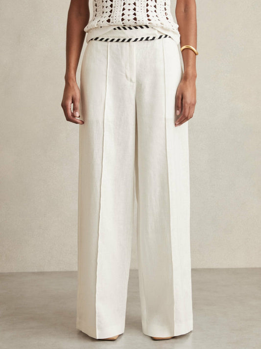 Petite Linen Wide-Leg Whipstitch Trousers White | Women