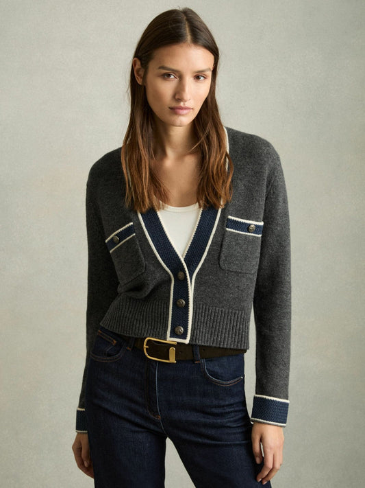 Wool-Cashmere Tipped V-Neck Cardigan Charcoal | Women