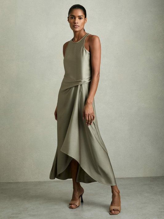Satin Drape Tuck Midi Dress Khaki | Women