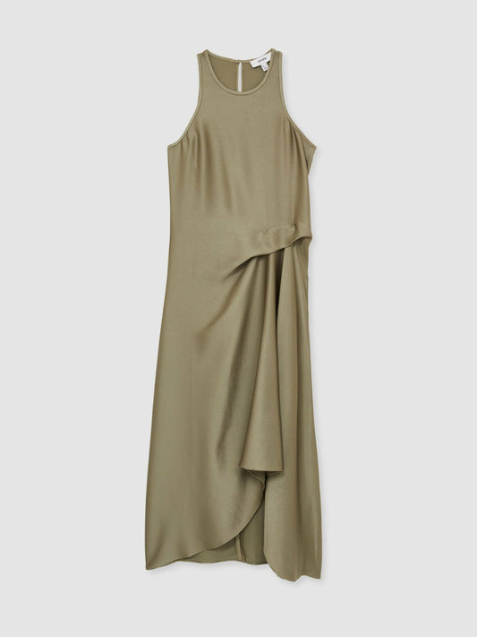 Satin Drape Tuck Midi Dress Khaki | Women