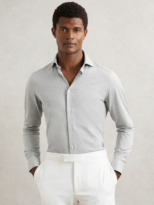 Cotton-Blend Jersey Cutaway-Collar Shirt Grey Melange | Men