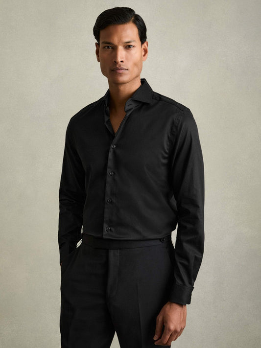 Regular Fit Slim-Fit Cotton Double-Cuff Shirt Black | Men