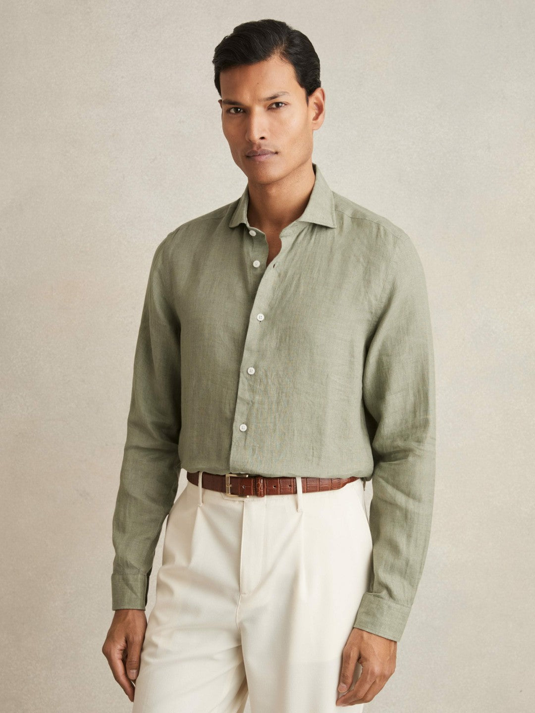 Linen Button-Through Shirt Thyme Green | Men