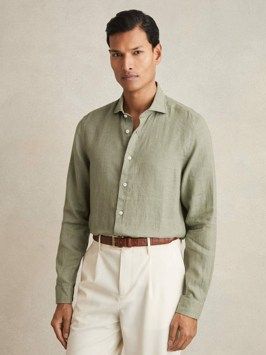 Linen Button-Through Shirt Thyme Green | Men