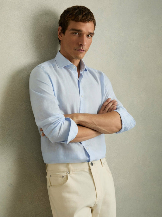 Linen Button-Through Shirt Pale Blue | Men