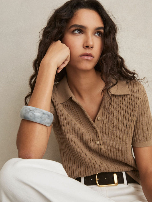 Cotton-Blend Open-Knit Polo Shirt Tan | Women