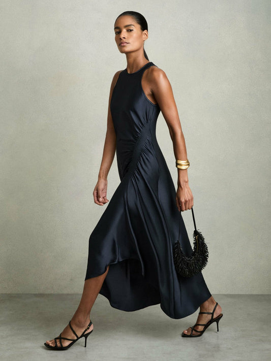 Satin Shirred Midi Dress Navy | Women