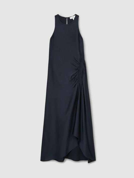 Satin Shirred Midi Dress Navy | Women