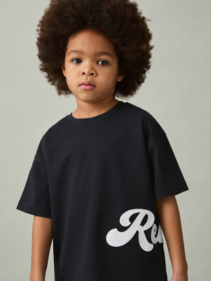 9-13 yrs Cotton Script-Logo Oversized T-Shirt Navy | Children & Baby