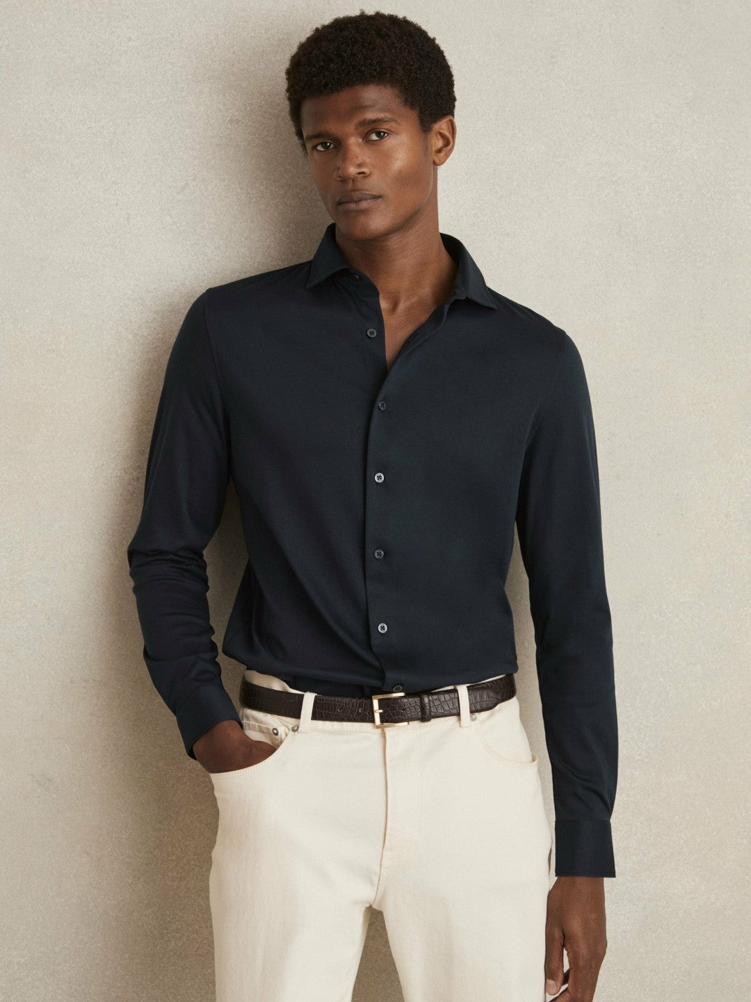 Cotton-Jersey Button-Through Shirt Navy | Men