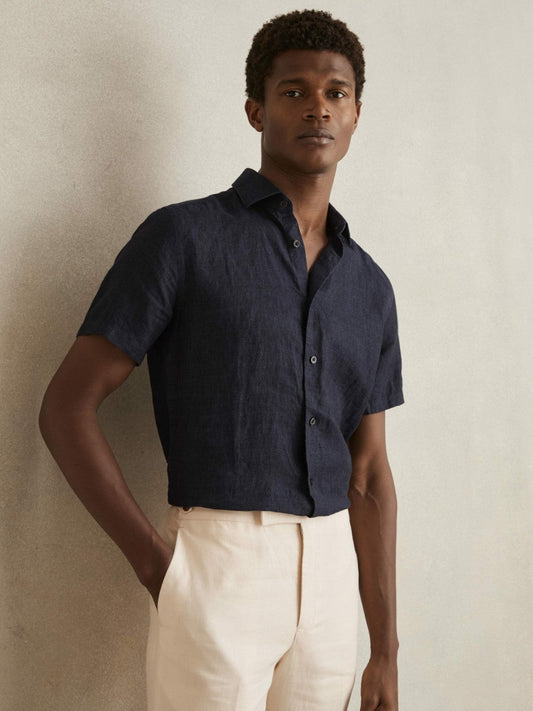 Slim Fit Linen Button-Through Shirt Navy | Men