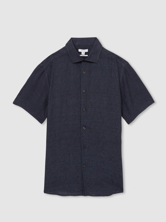 Slim Fit Linen Button-Through Shirt Navy | Men