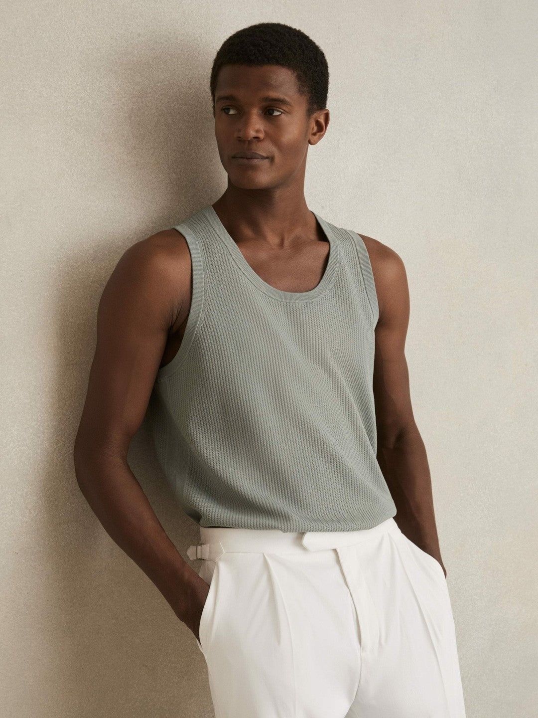 Textured Crew Neck Ribbed Vest Sage Green | Men