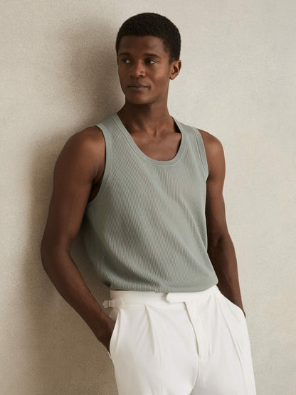 Textured Crew Neck Ribbed Vest Sage Green | Men