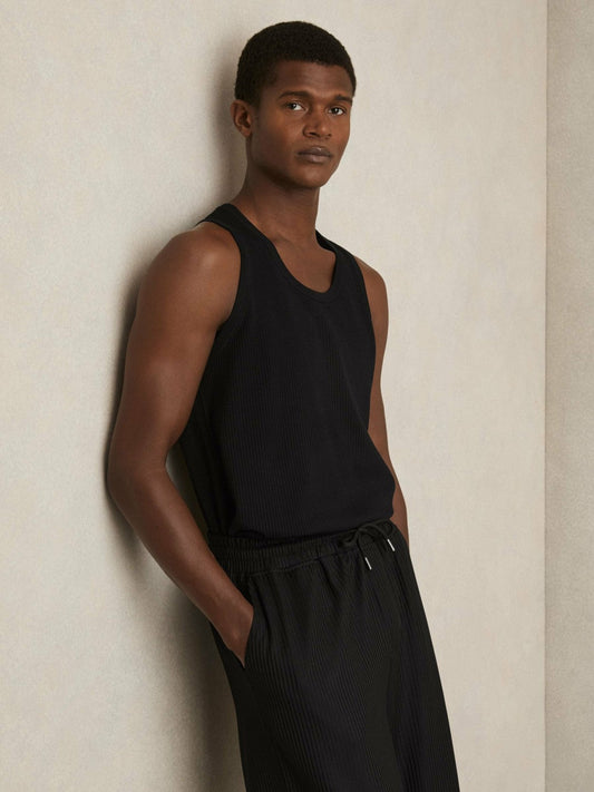 Textured Crew Neck Ribbed Vest Black | Men