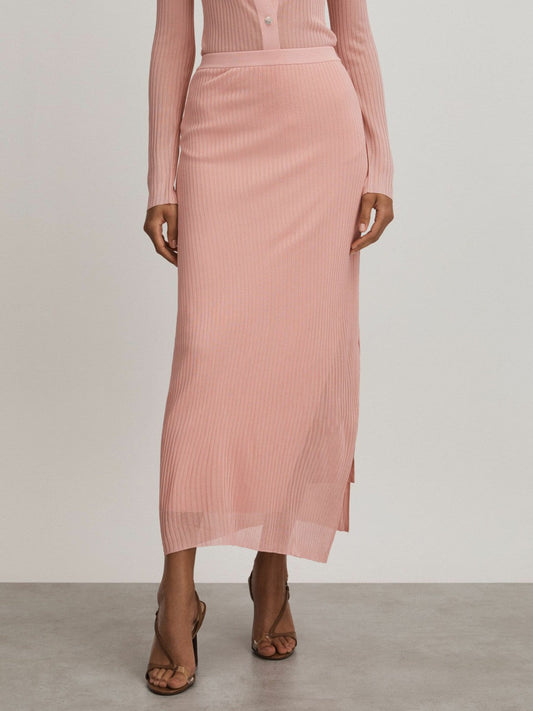 Carrie Pink Anna Quan Sheer Ribbed Knitted Midi Skirt Pink | Women