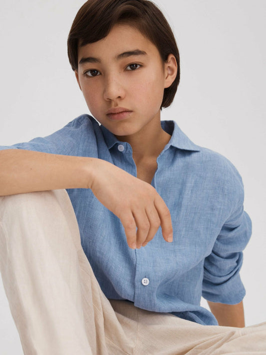 3-9 yrs Linen Cutaway Collar Shirt Sky Blue | Children & Baby
