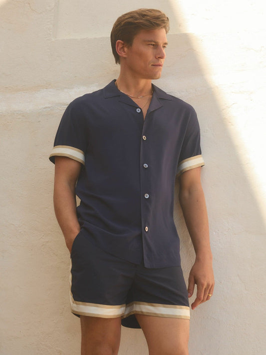 | Ché Cuff Detail Cuban Collar Shirt Navy | Men