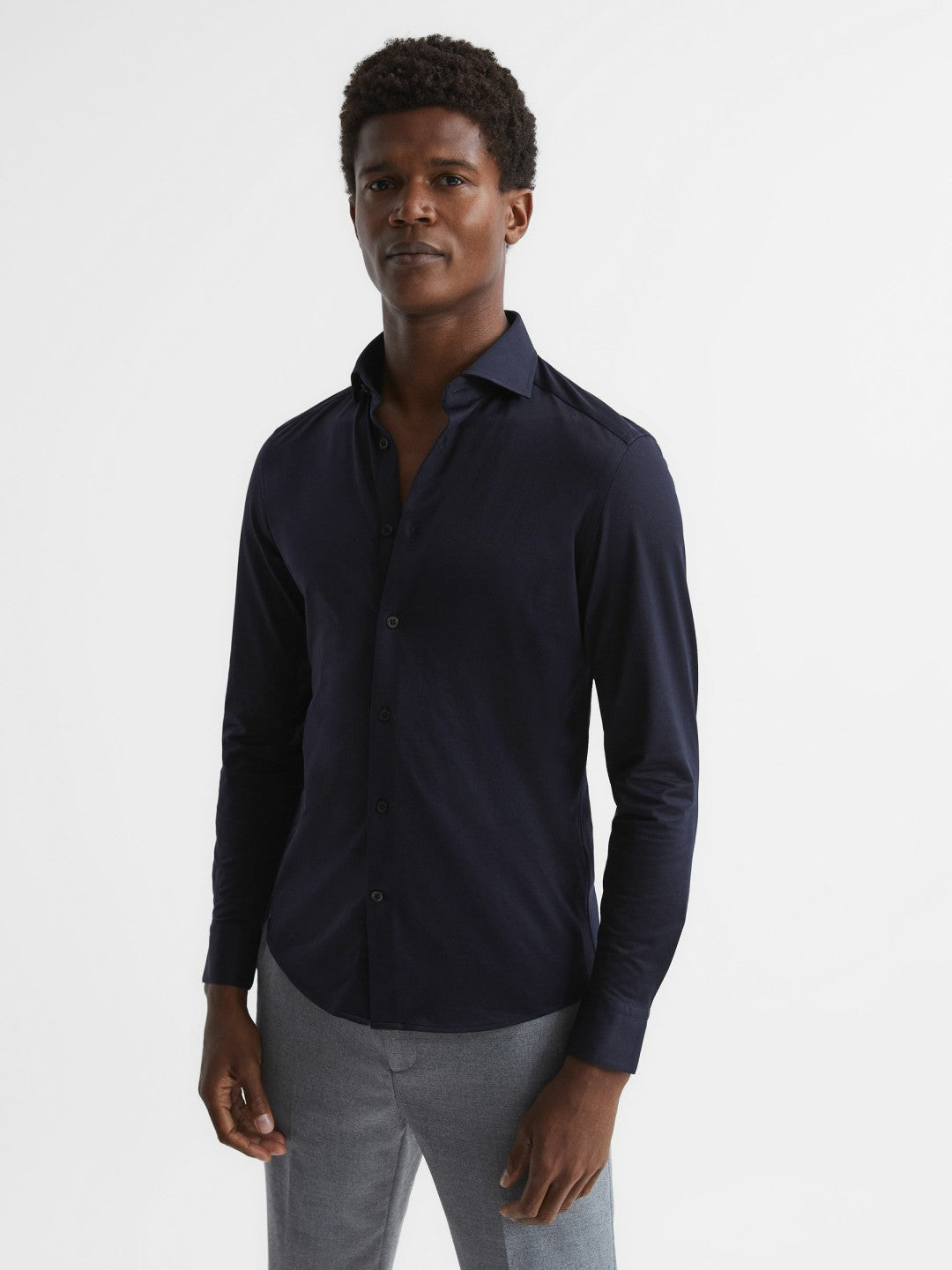 Cotton-Blend Jersey Cutaway-Collar Shirt Navy | Men